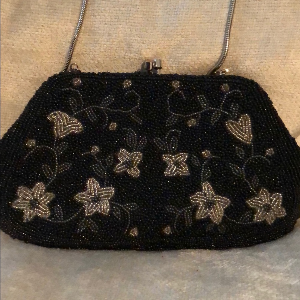 BLACK BEADED EVENING BAG with silver beaded flower